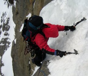 Here is my partner coming up the first pitch on Bourgeau Right (IV, WI 4 R). Banff National Park, Canada.
