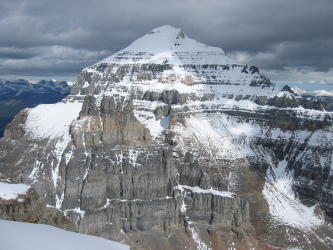 Mt Temple's normal route under fresh snow in September. Banff National Park, Canada.