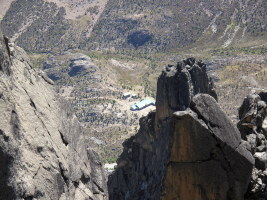 Shipton's Camp and the hut seen far below (4x zoom)