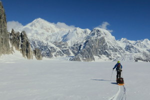 Skiing towards our pick-up point