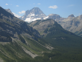 a glimpse of Assiniboine's East Face with our route being the right skyline