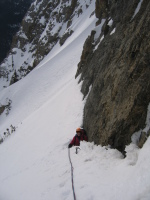 mini-bergshrund at the base of the final (7th) pitch