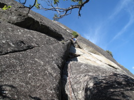 The first crux - an awkward move.. then the climb follows the glorious flake left (one 200' pitch to the top of the flake)