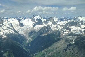 Approaching the Bugaboos. CMH lodge at the bottom, as well as the gravel road/parking lot