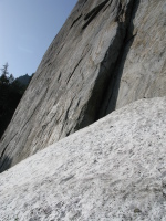 The first pitch of Central Pillar of Frenzy, buried in snow