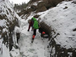 Climbing rambling ice to reach the 5th pitch (this went on forever)