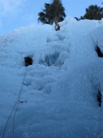 me leading an extremely rotten chandeliered climb in the ice park.