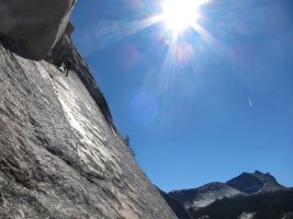 Will on the arch pitch with Cathedral Peak in the background