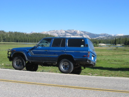 Lola parked on the trailhead for Cathedral Lakes in Tuolumne Meadows