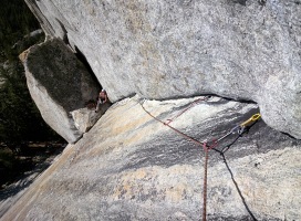 Melissa at the most comfortable belay ledge ever
