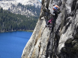 The traverse before the anchor on the first pitch