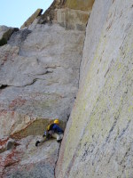 Karen starting up the OZ corner, the money pitch of the climb!