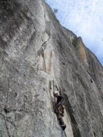 Pavel starting up Catchy, sweet 5.10d at the Cookie