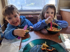 Dinner in the camper, escaping the mosquitos