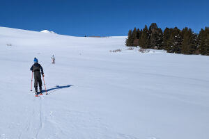 Skiing in to the parking lot at Virginia Lakes