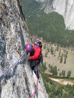 Rich doing the final traverse to the belay ledge