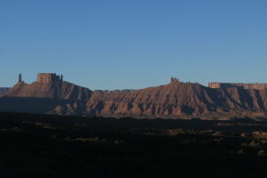 Waking up at the Fisher Towers. Castleton Tower on the left