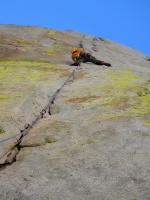 In the crux area on the first pitch of Thin Ice