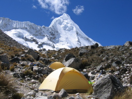 Our tents at moraine camp with Artesonraju in the background
