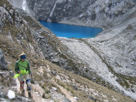 Marta hiking up towards Refugio Peru (Pisco) with Lake 69 in the background