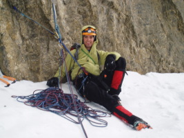 Me chilling at the base, before the final (crux) tier, photo by Hedd-wyn