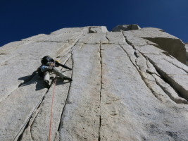Amazing crack climbing, two pitches from the top