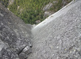 Looking down the crux dihedral of Silk Road. 5.11 stemming / palming - it is STEEP!