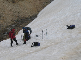 getting ready to jump someone off the edge to practice crevasse rescue
