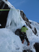 Melissa on her first ice climb, on her birthday no less! Sunny Falls, Eagle Lake