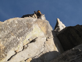 Linking Lean and Mean into the 5.10a face above (pretty wild/exposed moves around the arete)
