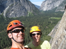 Clement and I suffer at the hanging belay