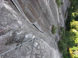 Looking down the second and first pitches from the belay
