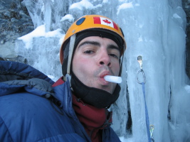 Being silly in the ice cave while preparing an anchor to rappel