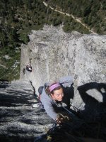 Sophia climbing, with me in the background on the 5.8 variation. Photo by Rich