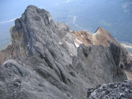 looking down on the black towers from atop the ridge