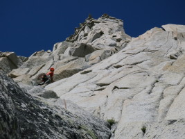 The crux 5.10a flare is above this spot - it's a bit awkward.