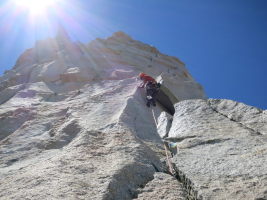 The first crux on the last pitch