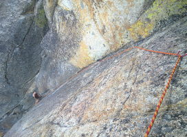 Looking back at the crux pitch of Bourbon Street, 5.10