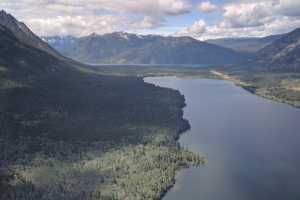 Tsuniah Lake with Chilko lake in the background, and the private grass airstrip