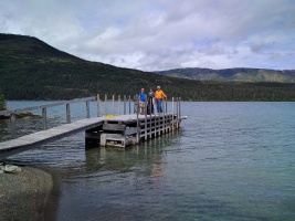 Scott, Linda and Kevin on the boat dock at Chilko