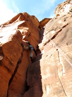 Weather didn't stop us from climbing some nice cracks: this is Cave Route (5.7)