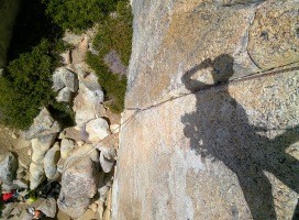 Looking down the 5.10a finger crack, 30 ft left of Greener Pastures