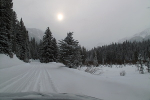Driving to the Hyalite trailhead after some fresh snow